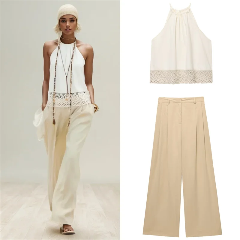 

Women's suit 2025 new spring summer resort hem top Linen blend wide-leg pants Casual travel women's suit