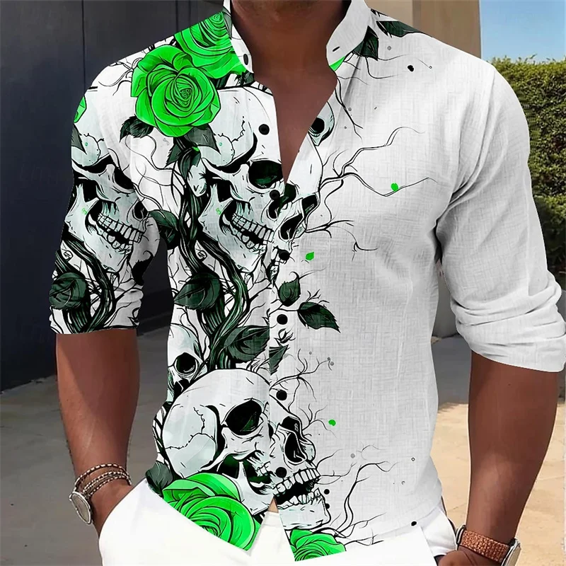 Camisa casual solta masculina de manga comprida, camisa Holiday Party, elegante