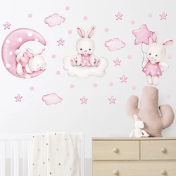 Cartoon Soft Pink Moon Clouds Stars Rabbit Wall Stickers for Children's Room Kids Room Baby Nursery Room Wall Decals Home Decor