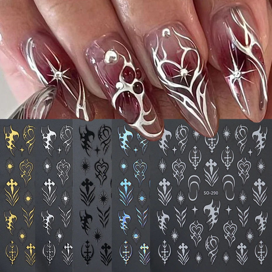 5 pcs Gothic Silvery Golden Metal Line Nail Stickers Black White Heart Stars Adhesive Nail Designs Y2K Laser Wave Nail Decor