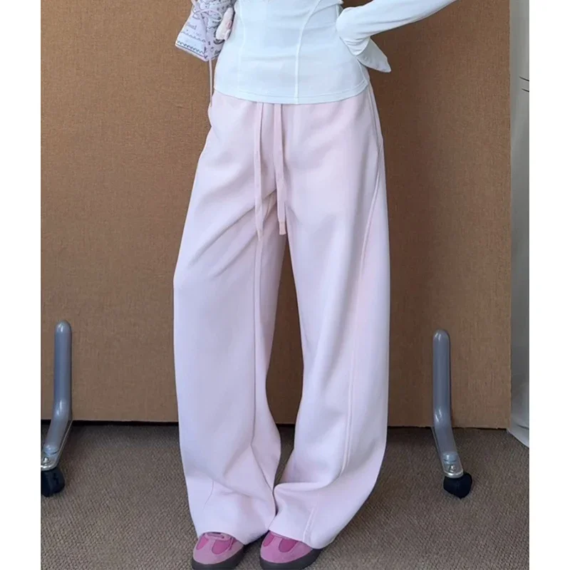 2026 Trendy Fashion Lady High Waist Sweatpants Girls Loose Fit Thin Pants Women Korean Daily Solid Straight Leg Trousers