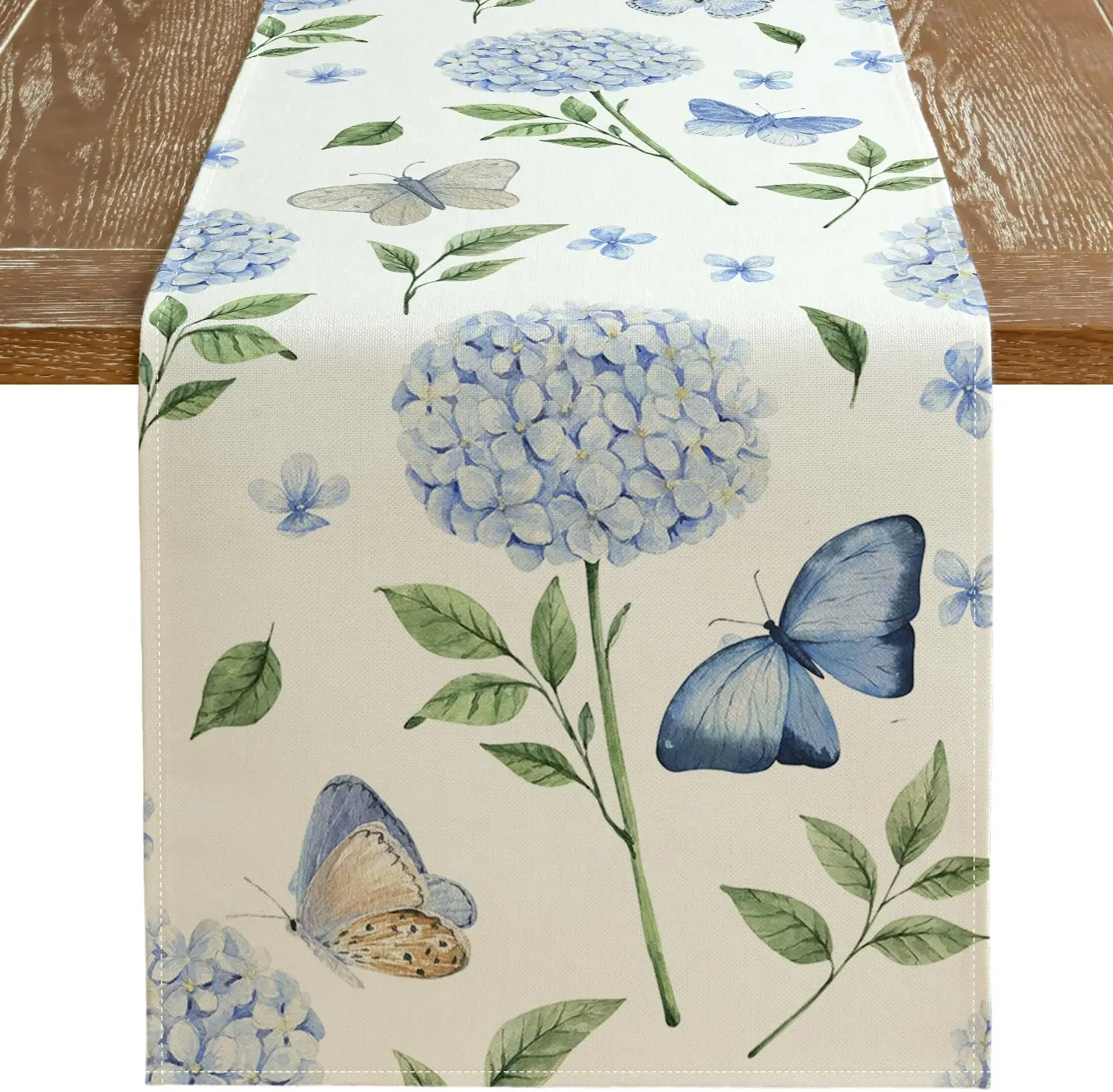 

Spring Linen Table Runner Hydrangea Flower Butterfly Seasonal Farmhouse Kitchen Dining Table Decor Holiday Party Wedding Decor