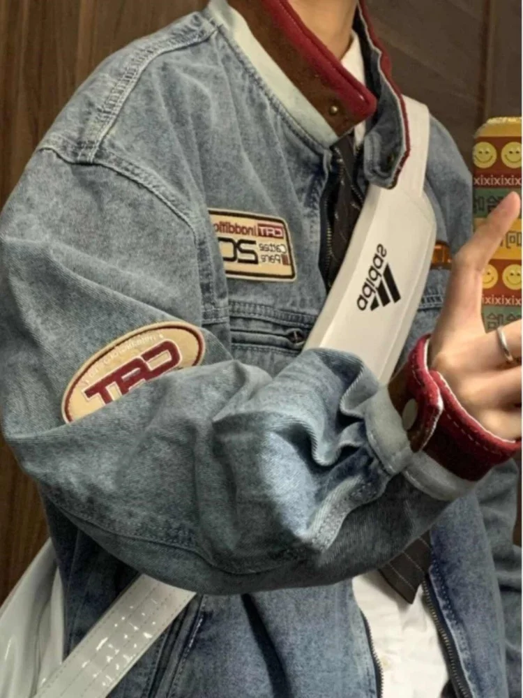 

Мужская джинсовая куртка American Sle для мотоциклистов, осенне-зимняя, новая, свободного кроя, на молнии, с воротником-стойкой, молодежная, в стиле колор-блок