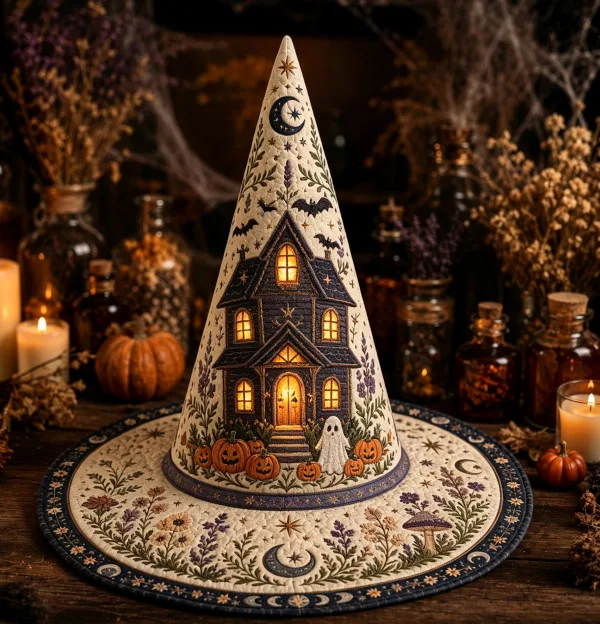 Halloween Witch Wizard Hat Quilted Fabric Pointed Magic Hat for Cosplay Party Costume Accessories Gothic Sorcerer Cap Gift