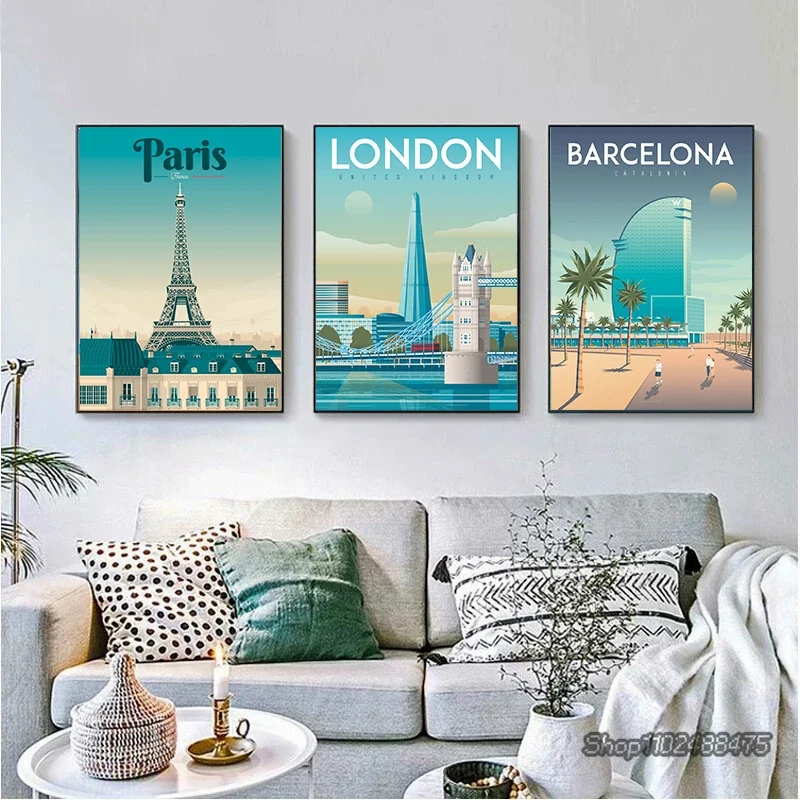 Colored Europe Travel City Landscape Canvas Painting France Nice Paris Monaco Nantes Poster Nordic Wall Art Pictures Home Decor view 3