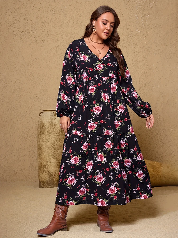 

New Elegant Black Printed Midi Dress Women's Plus Size Clothing Clearance Boho Floral Dress Party Cocktail Prom Dresses On Sale