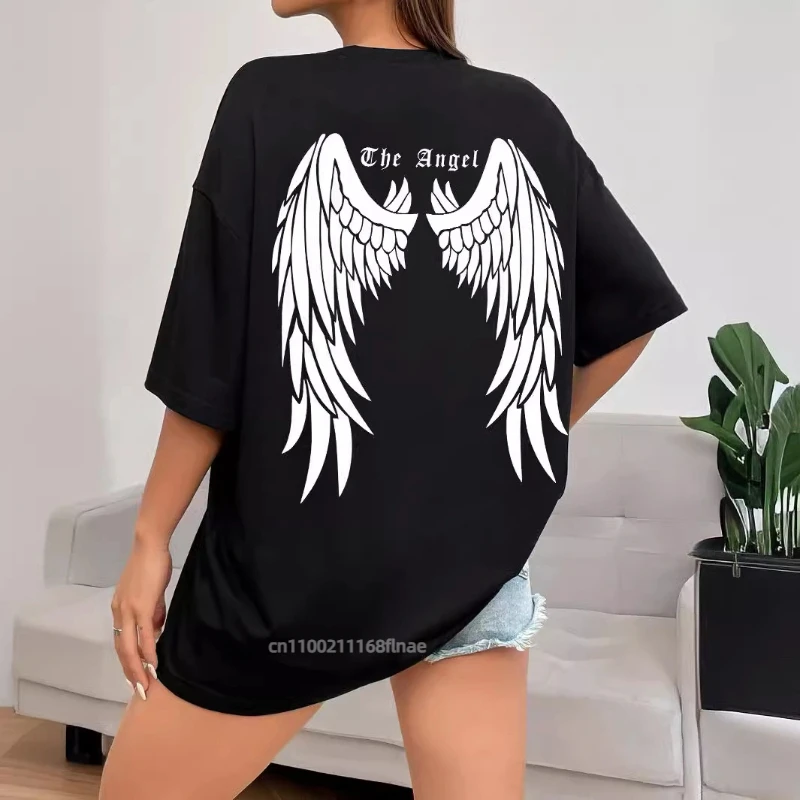 천사 날개가 인쇄된 여성 스트리트 댄스 의류 반팔 티셔츠, 여성 여름 복고풍 트렌드 인쇄 힙합 패션