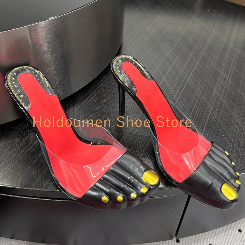 

lack and Gold Color Matching Exotic Style Five-Finger Women's Wrapped Point Toe Slipper Sexy Slingback Slip On Stiletto Slipper