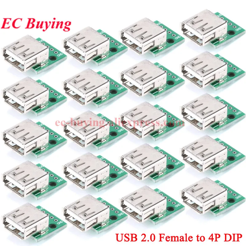 20Pcs/1pc USB2.0 Female to 4P DIP Switch USB Adapter Plate Board PCB Module USB 2.0 Socket Turn DIP4 for Cellphone Data Line