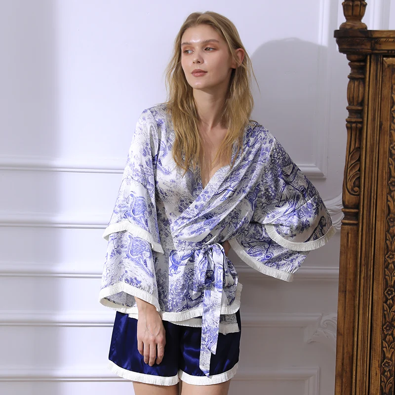 100% Mulberry Silk Pajamas Set Women's Summer Japanese Style Loose Long Sleeve Kimono Top and Shorts Two Piece Loungewear Pajama