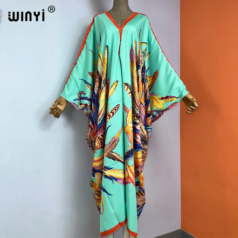 

2021 Traditional Printed Rayon WINYI maxi dress Dashiki African Women's Abaya Robe Long dresses for beach Bohemian v-neck dress