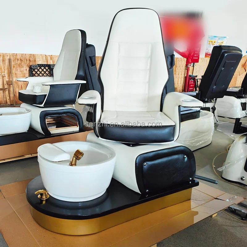 New Hot Swhitegluxuryic Base with Drainage Pump Pedicure Chair Electric Back Strap Massage Foot Manicure Chair Salon Furniture