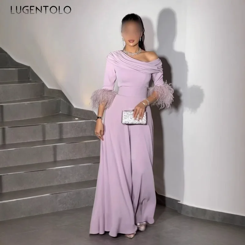 

Women Sexy Jumpsuits Feather-panelled Fashion Loose Cocktail Party Lady Elegant Wide-leg Pants Banquet Long Rompers