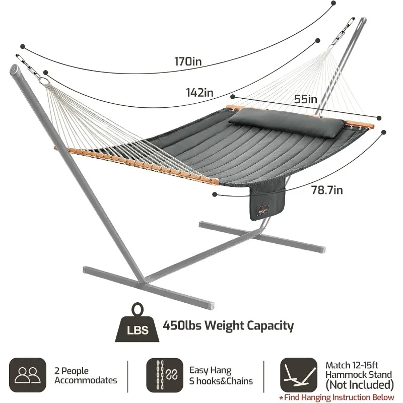 Hamac en tissu double matelassé avec barres d'épandage en bois dur et oreiller, grande capacité de 450 lb, 2 prêts hypothécaires