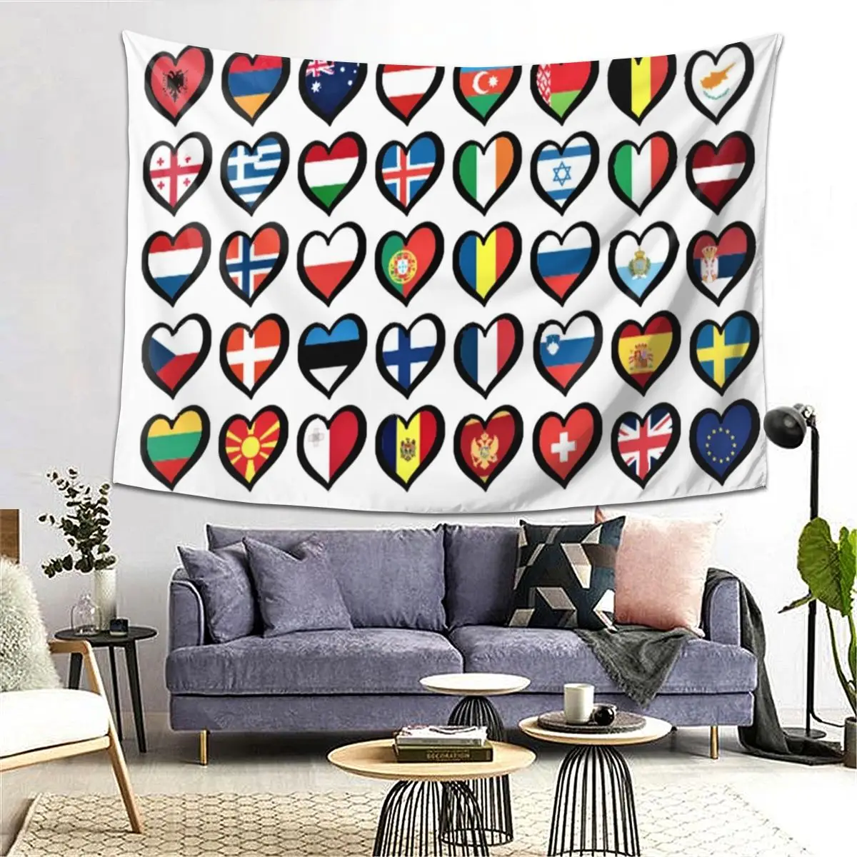 

Eurovision Song Contest Flags Hearts Tapestry Decoration Art Aesthetic Tapestries for Bedroom Home Wall Cloth Wall Hanging