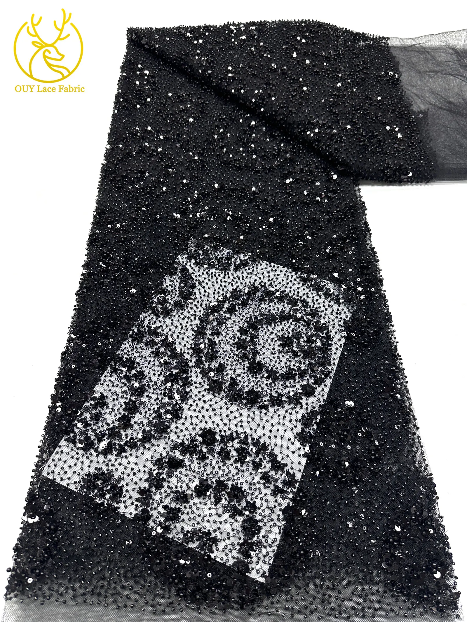 Exquisiter, eleganter nigerianischer bestickter Tüll-Spitzenstoff mit Perlen und Pailletten für Damen, zum Nähen von Ballkleidern. – Detail 20