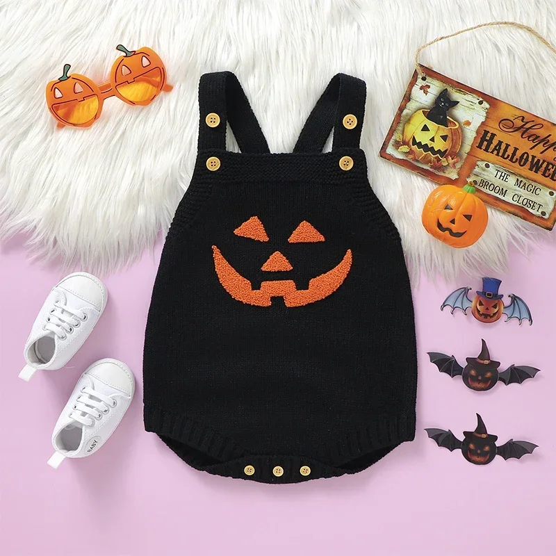 Baby Knitted Romper Sleeveless Witch Pumpkin Embroidery Grimace Bodysuit Overalls Halloween Knitwear Fall Clothes 2024