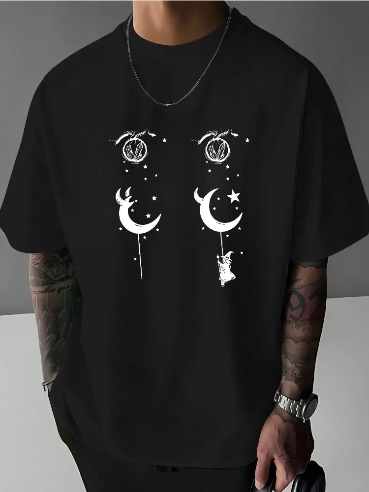 Mystic Moon Witch Crystal Star Graphic Mens Loose Crew Neck Short Sleeve Cotton Tee Gothic Vintage Summer Casual Streetwear Top