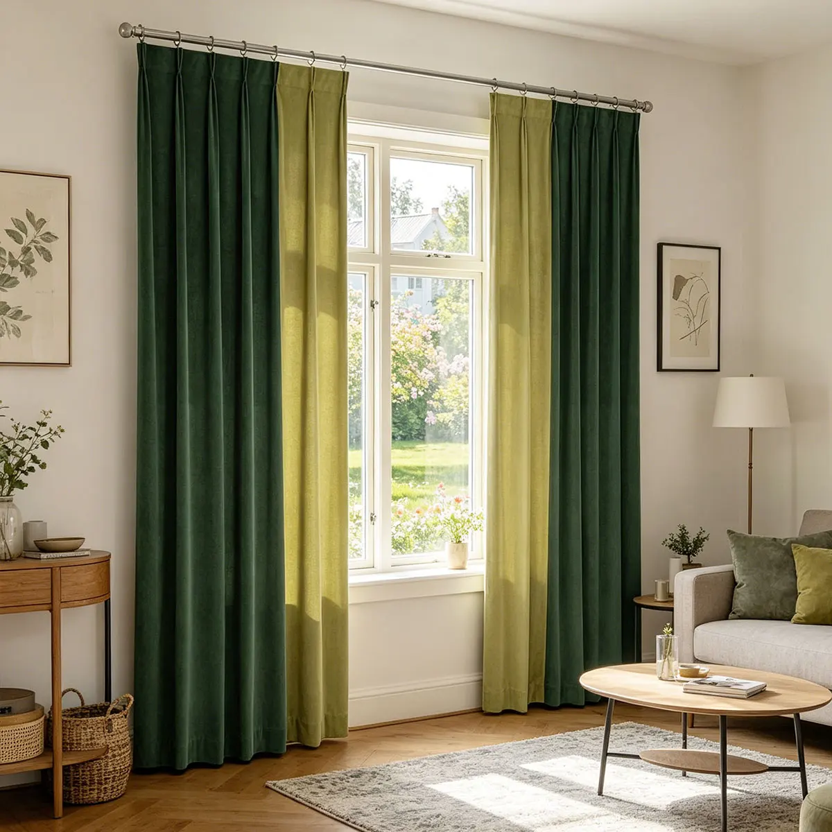 2 Panels Pleated Velvet Color Block Curtains, Dark Green & Olive Green Spliced Blackout Drapes, Thermal Noise Reduction Window Curtains for Living Room Bedroom Home Decor