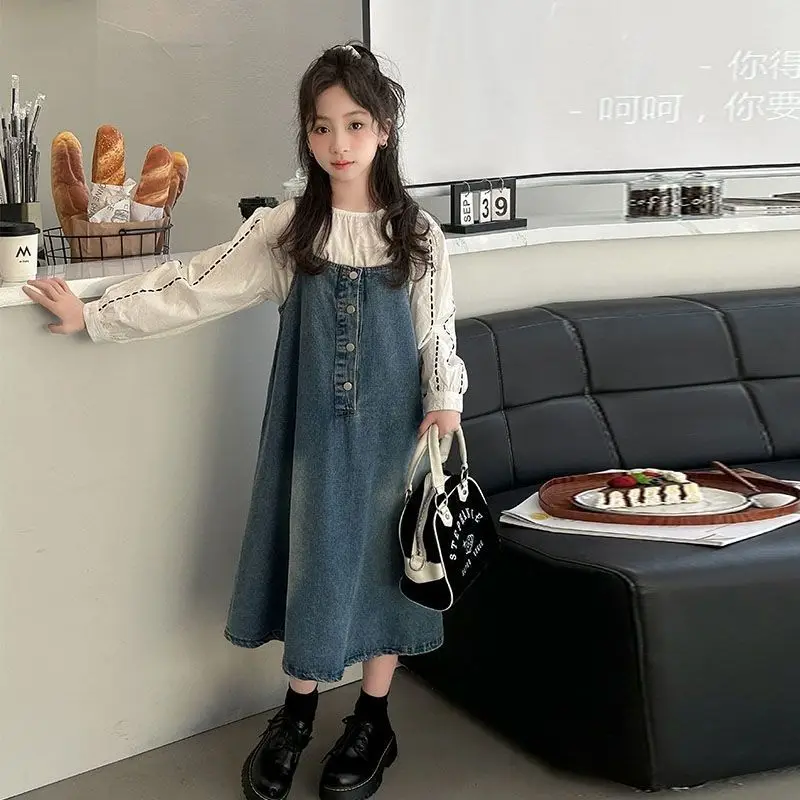 

Girls' 2025 New Spring & Autumn Chic Denim Overalls Dress Two-Piece Set - Stylish Big Kids Dress for 4-12 Years Old