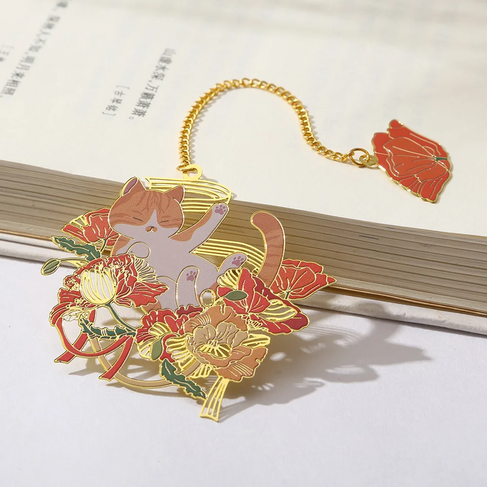 Lovely Flower Cat Bookmark Brass Metal Hollow Bookmarks Student Stationery Reading Book Clip Book Accessories Teacher Gift