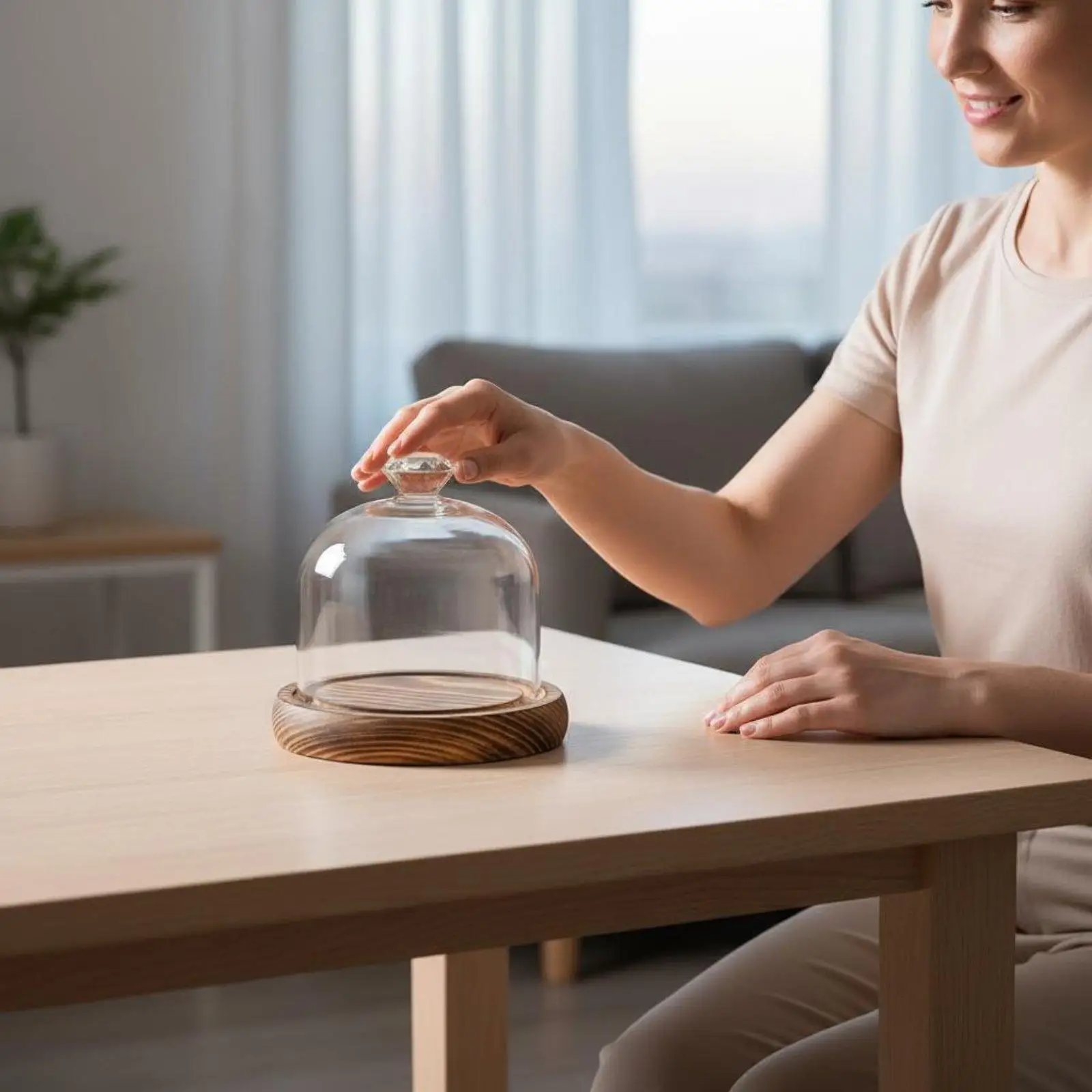 Creative Night Light Glass Cloche Jar with Wooden Base for Figurine Display and Home Decoration