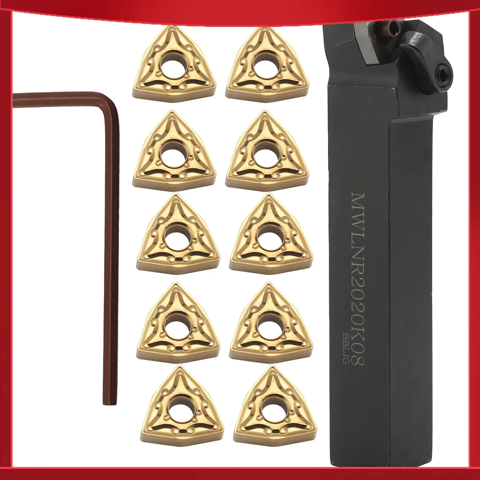 

Carbide Turning Tools Set Lathe Turning Tool Holder MWLNR2020K08 10Pcs WNMG080404 Carbide Inserts Wrench