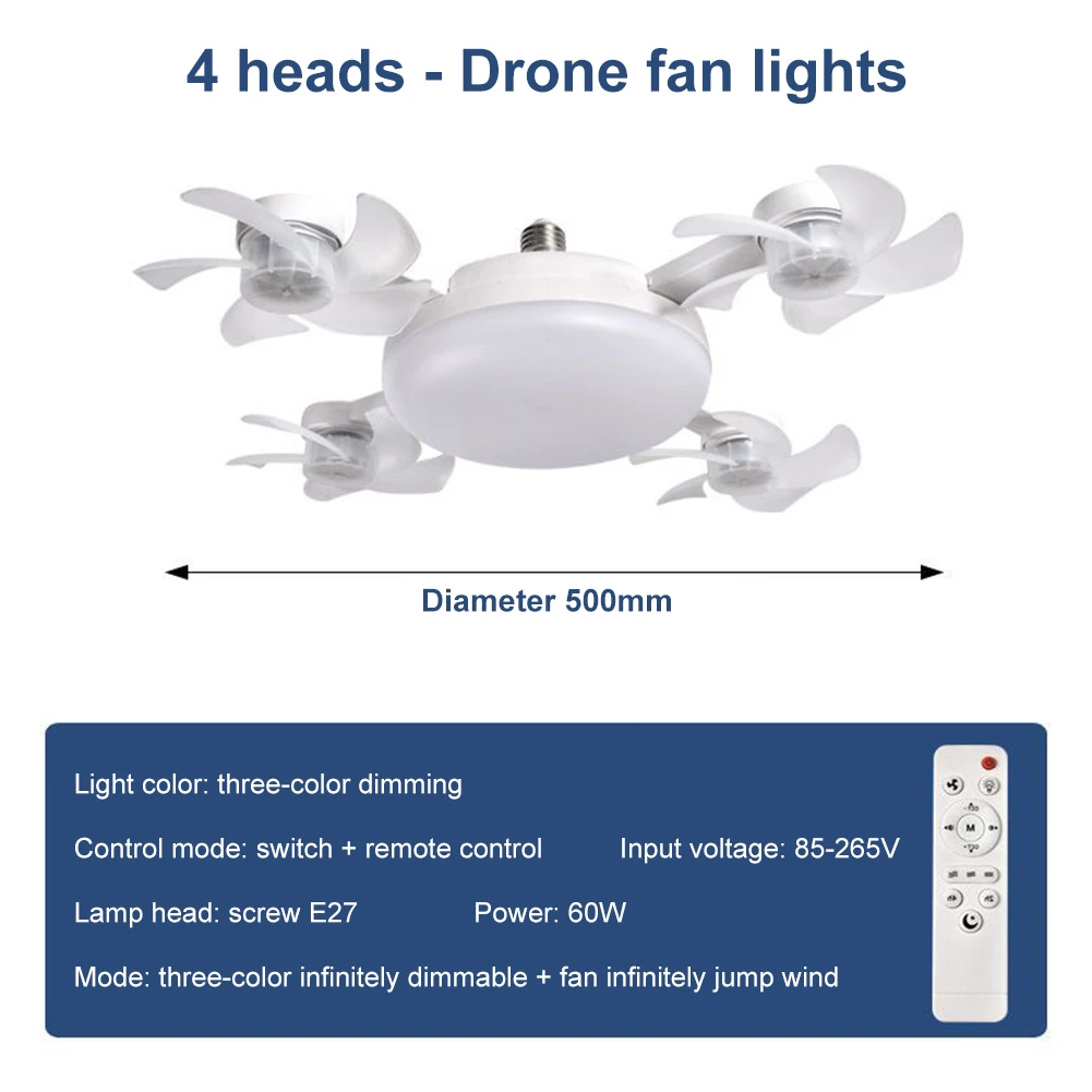 2-in-1-Hängeventilator mit LED-Laterne, E27, elektrischer kabelloser Ventilator, universeller dimmbarer Drohnenventilator für Esszimmer, Schlafzimmer, Wohnzimmer