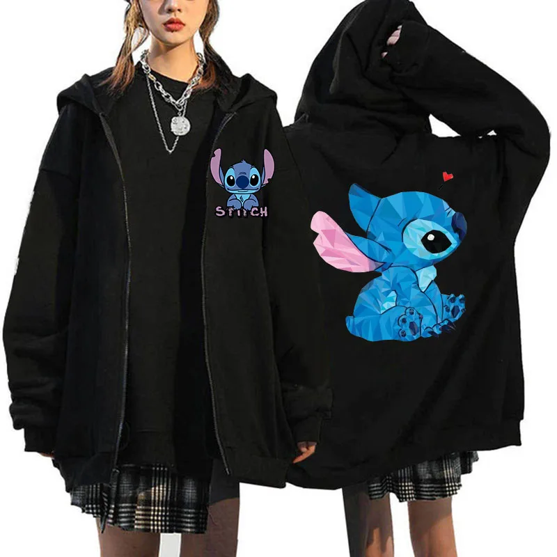 Hoodies femininos com zíper disney role play lilo & stitch impressão gráfica moletom inverno outerwear meninas estudante roupas universitárias topos