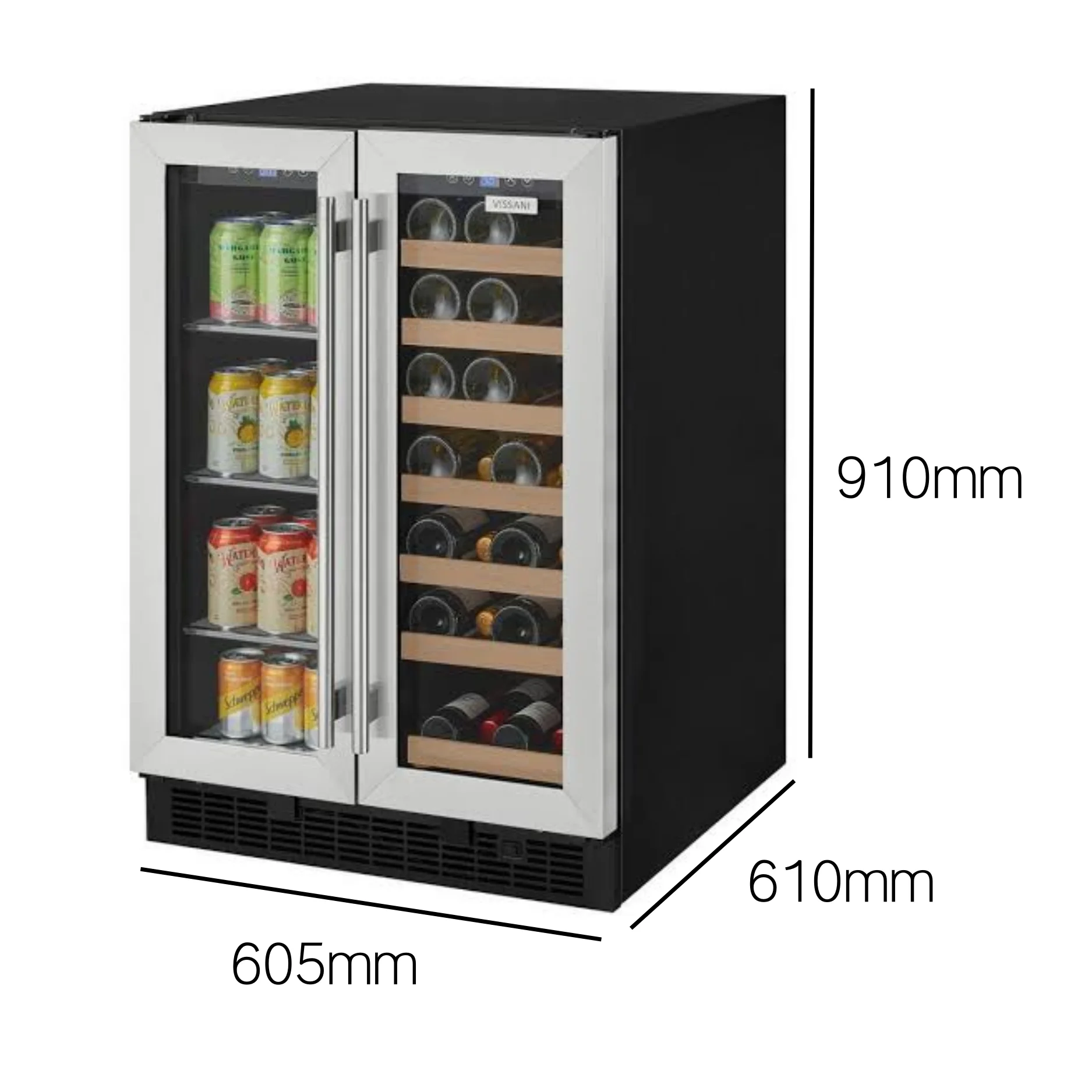 24 Inch Built in Freestanding Dual Zone Wine and Beverage Cooler 148L Stainless Steel French Door 27 Bottles  Home Bar 110v 60hz