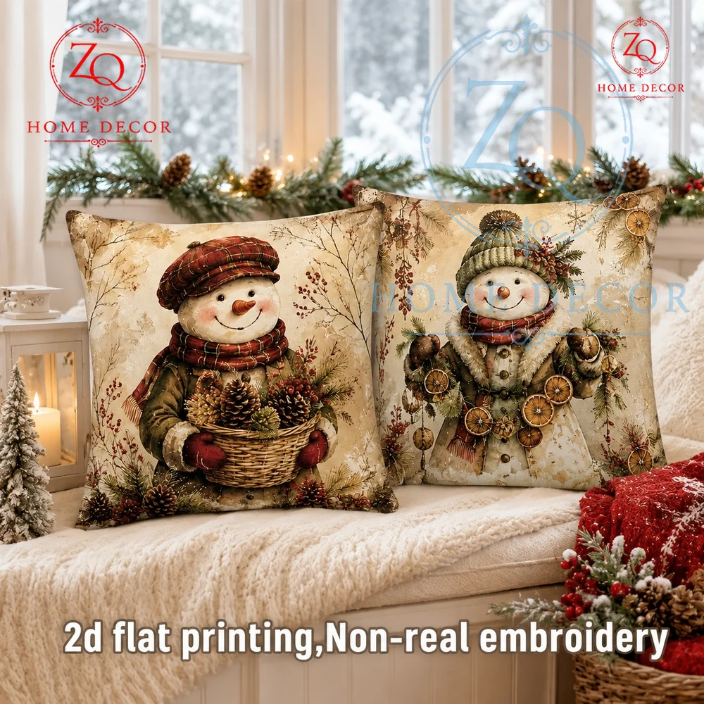 Vintage Christmas Snowman Throw Pillow Cover Rustic Farmhouse Holiday Cushion Case  Winter Festive Home Decor 18x18 Inch