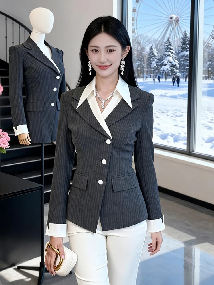 

Classic Grey Stripe Blazer Women Formal Office Contrast White Lapel Coat Long Sleeve Jacket Business Work Slim Tops Lady Clothes