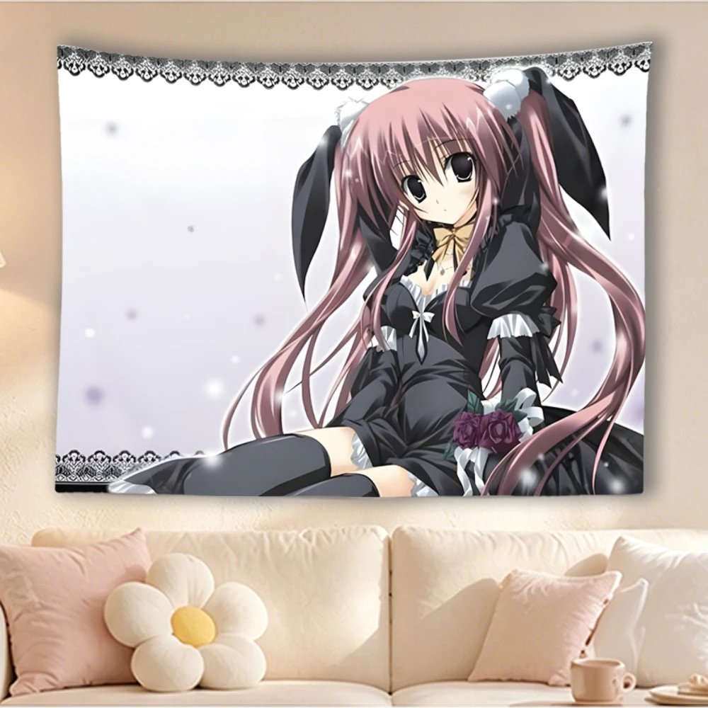Gothic Lolita Anime Girl Tapestry Pink Twin Tails Bunny Ears Black Dress Lace Border Wall Hanging Kawaii Otaku Bedroom Decor Gif