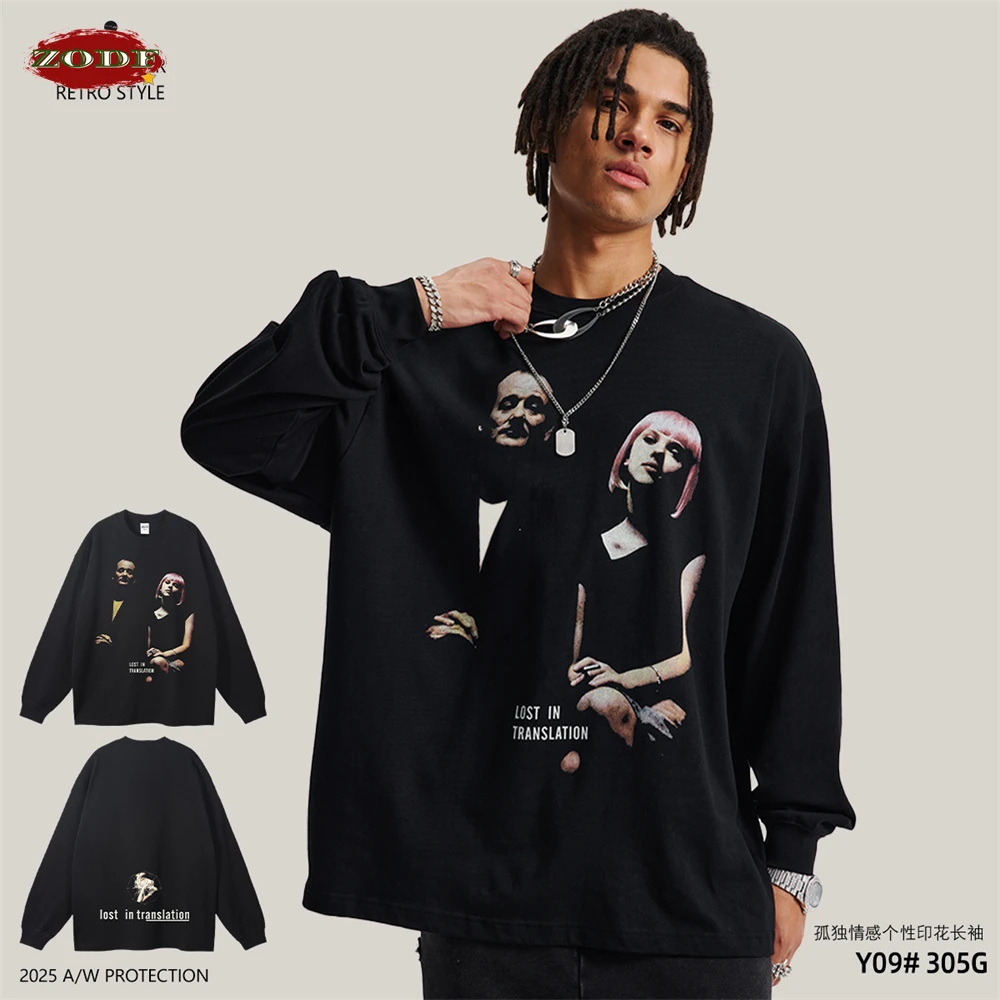 

ZODF 2025 Осенние хлопковые футболки с принтом High Street 305 г/м2 для мужчин, унисекс, свободная футболка с длинными рукавами, брендовые топы HY0017