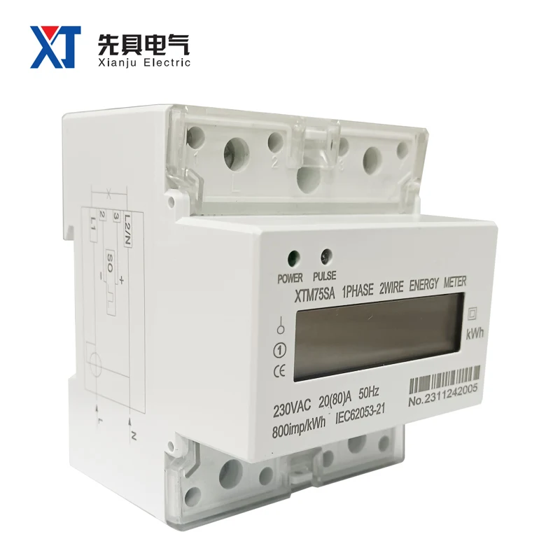 XTM75SA-1 OEM ODM White Single Phase 4P 2 Wire Energy Meter LCD Display KWH Meter 35mm DIN Rail Type Pulse Port OEM ODM