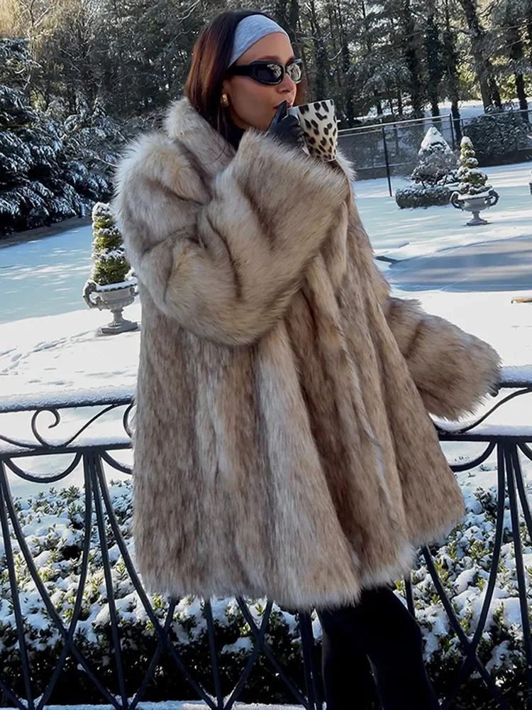 Abrigo de piel de zorro esponjoso con solapa sólida para mujer, chaqueta de gran tamaño con gradiente, abrigo peludo de manga larga, abrigo grueso y cálido para mujer, moda de invierno