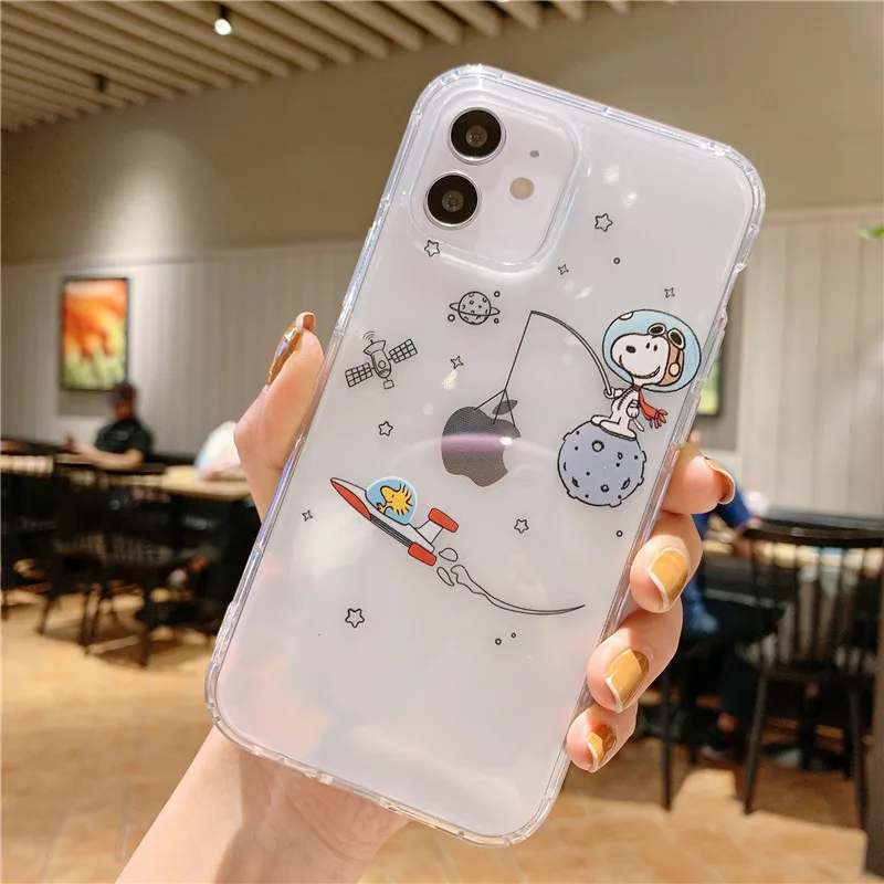 Custodia per telefono trasparente Snoopy astronaut Cartoon per iPhone 16 15 13 12 11 Pro Max Xr Xs Max 14 Plus 8 Plus custodia morbida carina