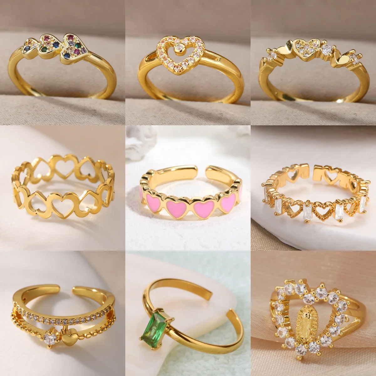Süße Herz-Zirkonia-Ringe für Damen, Edelstahl, vergoldet, geschichtetes Design, Alltagskleidung, Valentinstag, Party, Schmuck, Geschenk