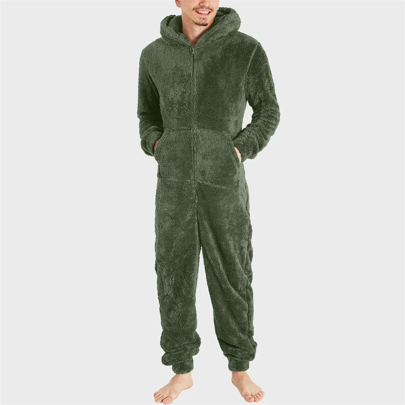 Men Sleepwear Artificial Wool Long Sleeve Pajamas Casual Solid Zipper Loose Hooded Jumpsuit Pajamas Casual Winter Warm Homewear