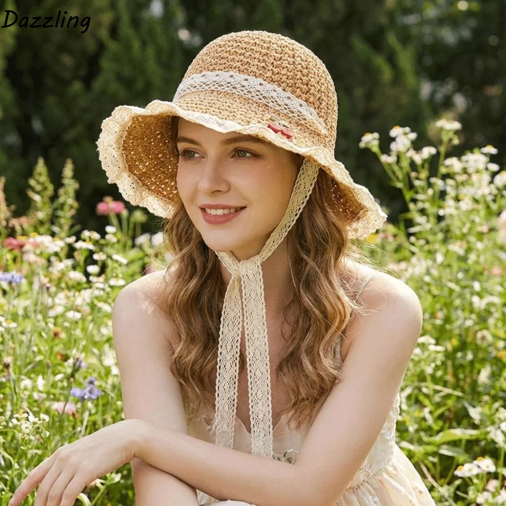 

Casual Cherry Embroidered Women Sun Hat Lace Korean Style Straw Fisherman Hat Foldable Solid Color Woven Bucket Hat Outdoor