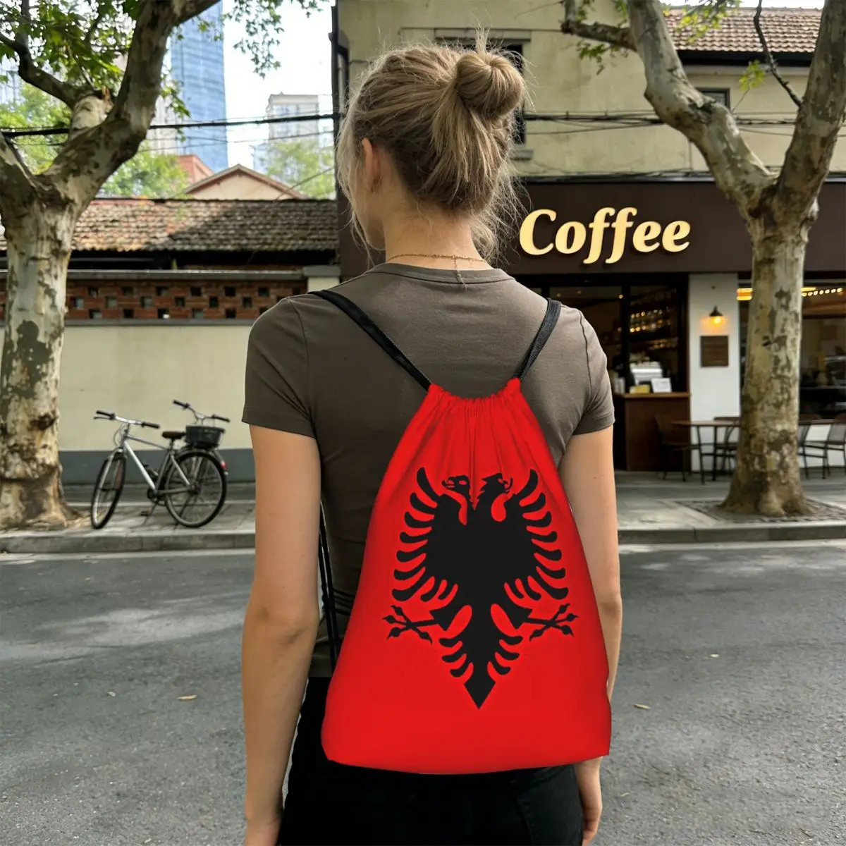 

Albania Flag Black Eagle On Red Backpacks Fashion Drawstring Bundle Pocket Sports Bag Book Bags for Travel Students
