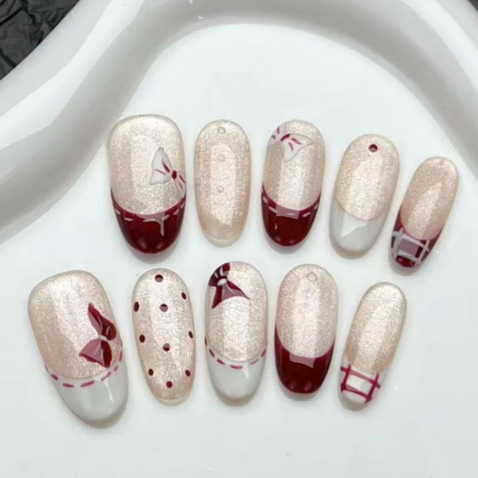 10 Piezas Uñas Postizas Hechas a Mano Ojo de Gato Púrpura con Brillo, Ovaladas Medianas, con Moño y Pedrería 4
