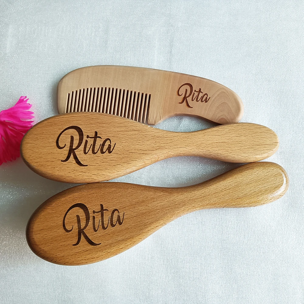 Personalized Hair Brush and Comb for Newborn Baby, Keepsake Wood Bristle, Toddler Comb, Baby Shower Gift