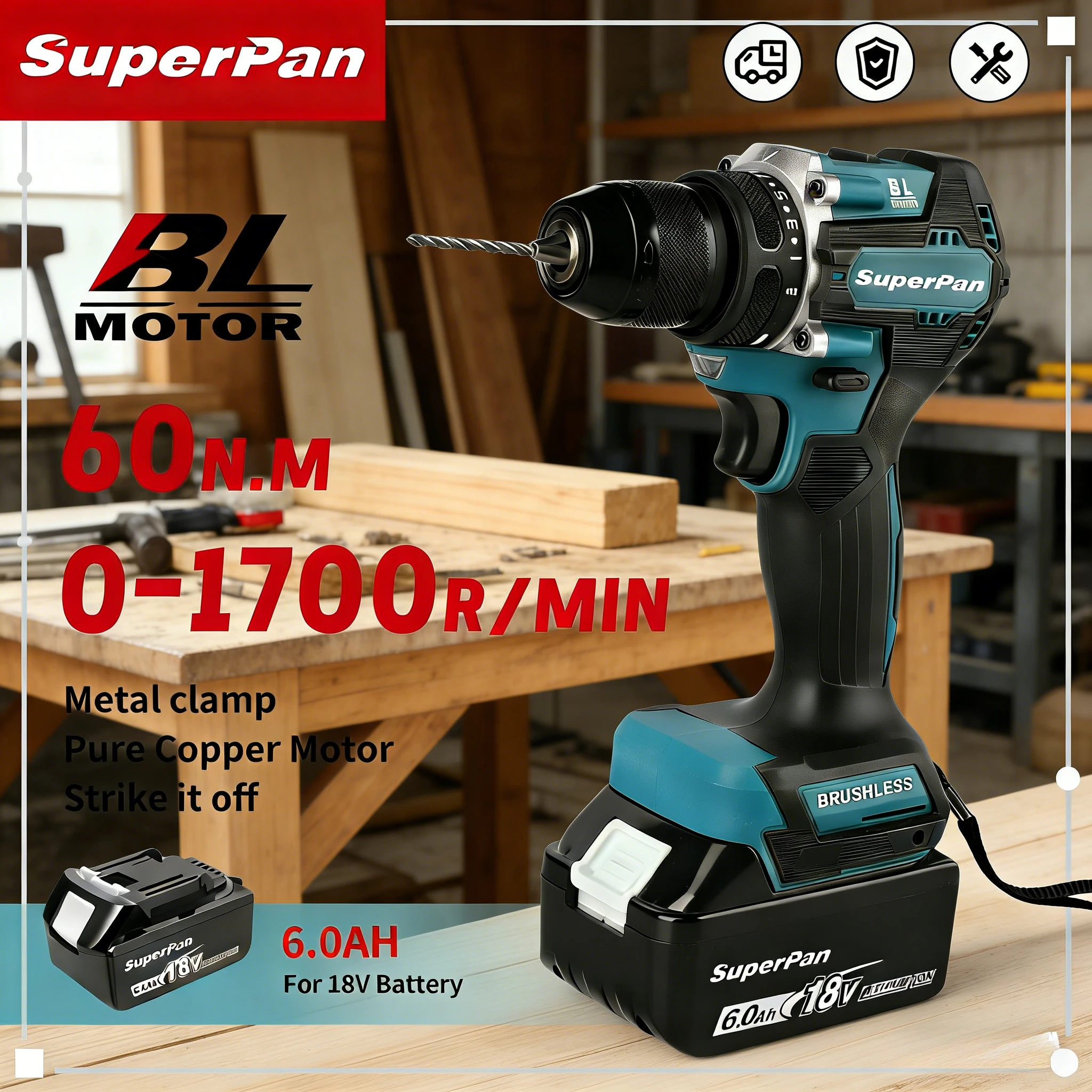 

Дрель SuperPan SP487, патрон 10 мм, светодиодная подсветка, для домашнего ремонта и закручивания шурупов, совместима с аккумулятором Makita 18В.