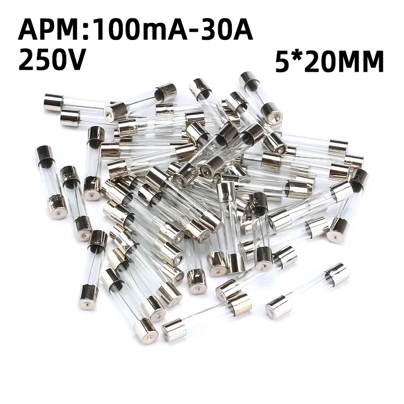 20PCS 5x20mm Glass Fuse 250V 0.2A 0.5A 1A 2A 3A 3.15A 4A 5A 6A 6.3A 8A 10A 15A 20A 5*20 The Multimeter Fuses Auto Insurance Tube