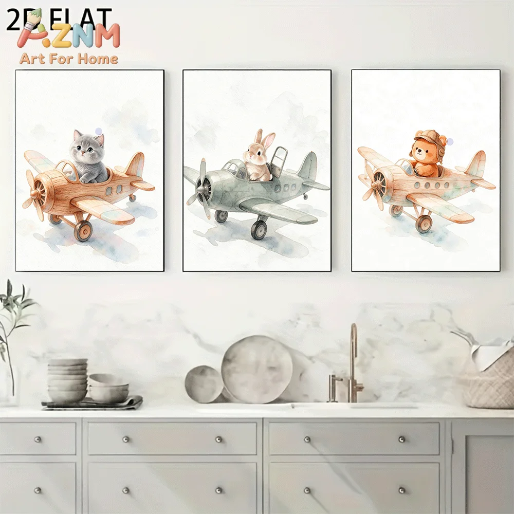 AZNM Frameless Canvas Wall Art, Watercolor Cute Cat Rabbit Bear Riding Airplane Print, Soft Cartoon Animal Wall Decor for Living