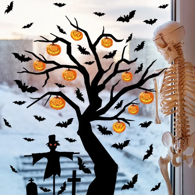 

Halloween Horror Pumpkin Tree Stickers Bat Skeleton Window Sticker Halloween Ghost Tree Glass Stickers Happy Halloween Day Decor