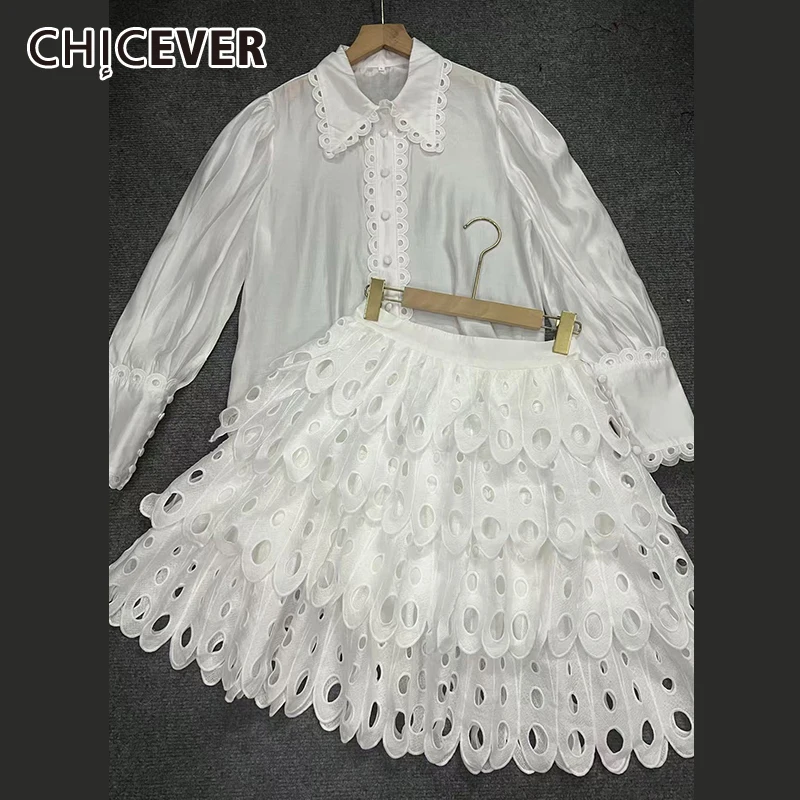 CHICEVER Solid Hollow Out Skirt Suit for Women Lapel Long Sleeve Shirt High Waist A Line Skirts Elegant Outfits Female Clothing