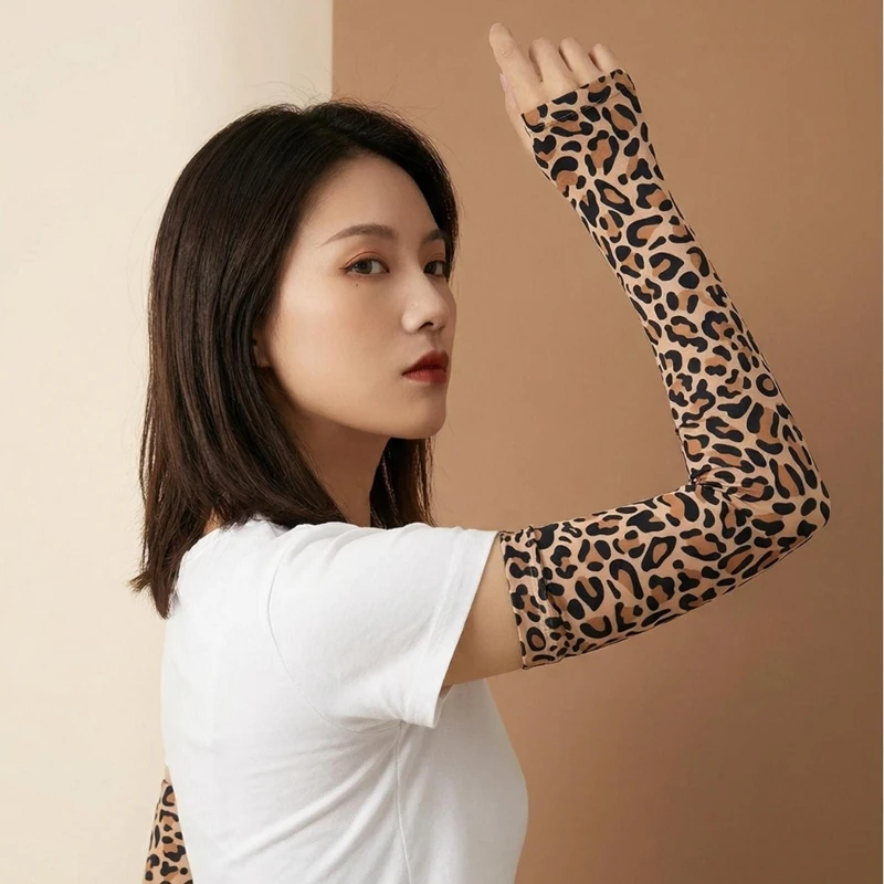 Sexy Leopard Sun Protection Arm Sleeves Women Long Fingerless Gloves Outdoor Cycling Driving Decorative Arm Covers