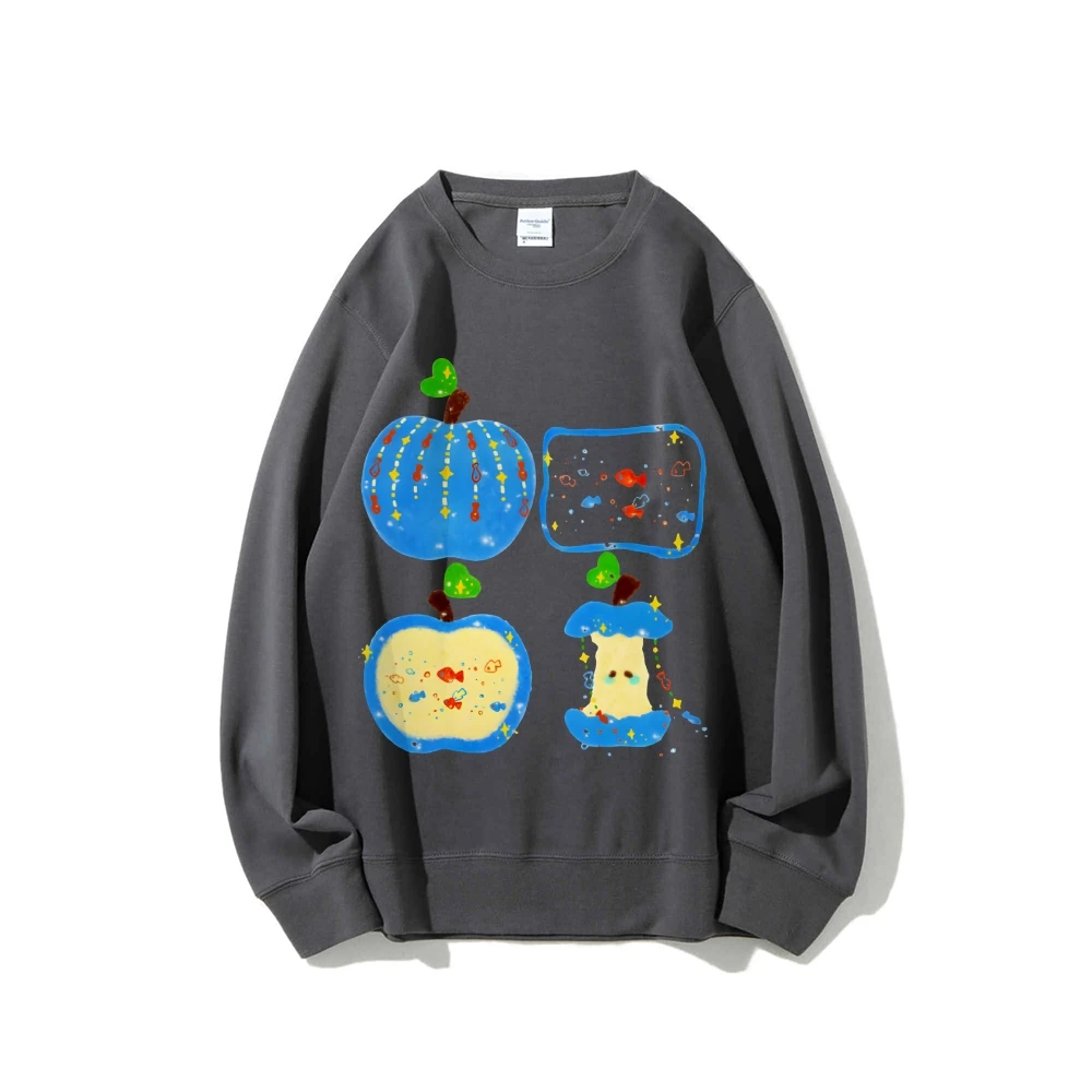 เสื้อกันหนาว Y2K กราฟิก Hoodie Blue Apples Premium Cotton คุณภาพสูง Oversize สีสัน Hoodie ผลไม้ Slice พิมพ์ Artsy Y2K สไตล์